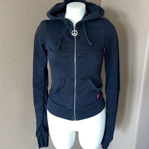 Twisted heart black zip up hoodie Swavorski peace sign size s